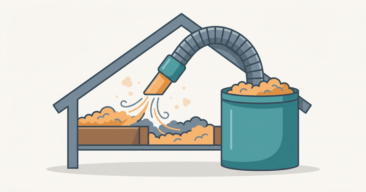 Illustration of a vacuum hose removing old loose-fill insulation from an attic joist bay into a collection bag, in a clean teal and orange style with no text.