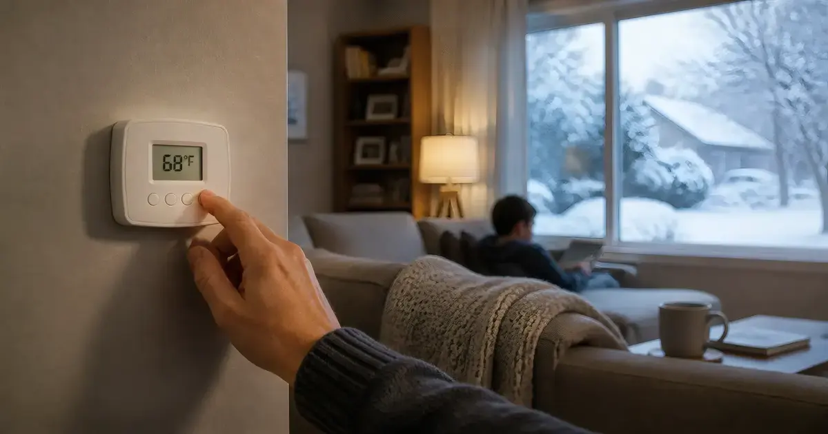 Hand setting a wall thermostat to 68 degrees Fahrenheit in a warm living room overlooking a snowy yard