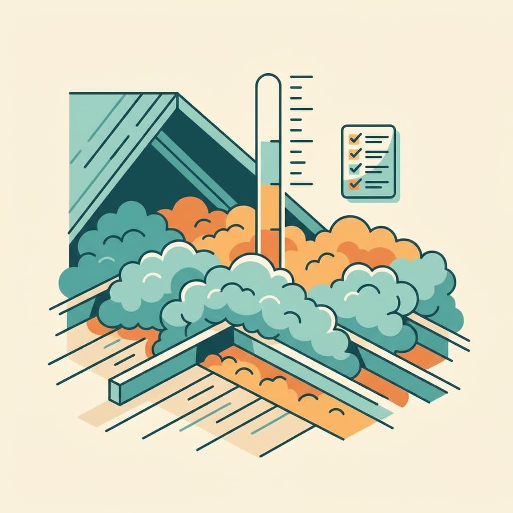 Illustration of blown-in insulation filling an attic floor with a depth marker and a small checklist icon, in a clean teal and orange style with no text.