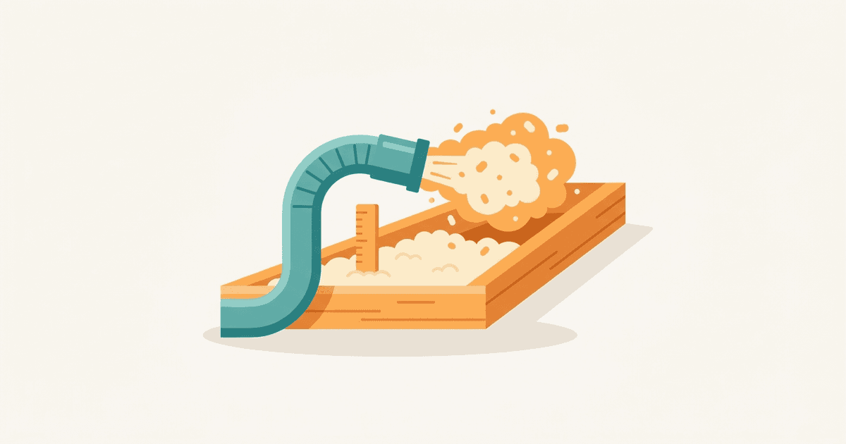 Illustration of an insulation blower hose puffing loose-fill into an attic joist bay with a depth-marker ruler, in a clean teal and orange style with no text.