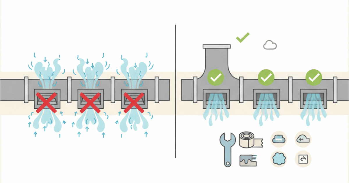 Illustration of a home with several vents closed, increasing duct pressure and leaks, contrasted with a balanced airflow setup and a comfort-first fix list