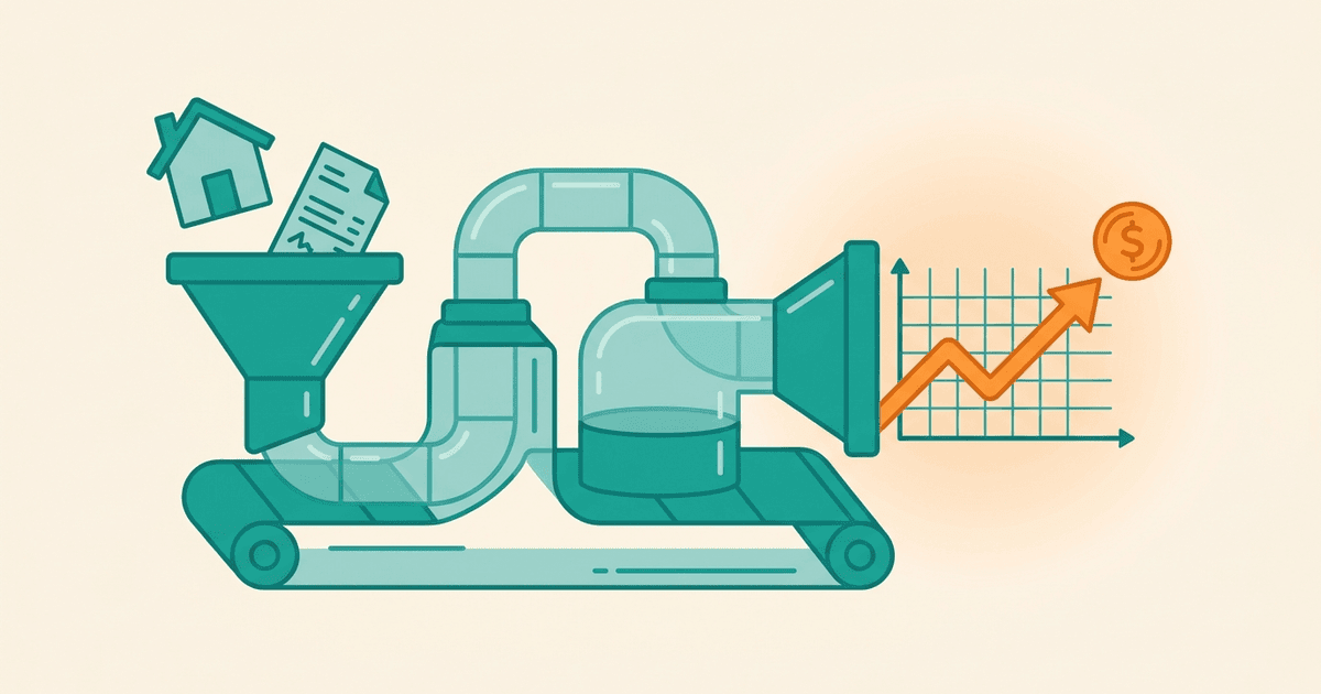 Flat teal and orange illustration of a process flow turning home and energy-rate inputs into a cost range and payback chart, no text.