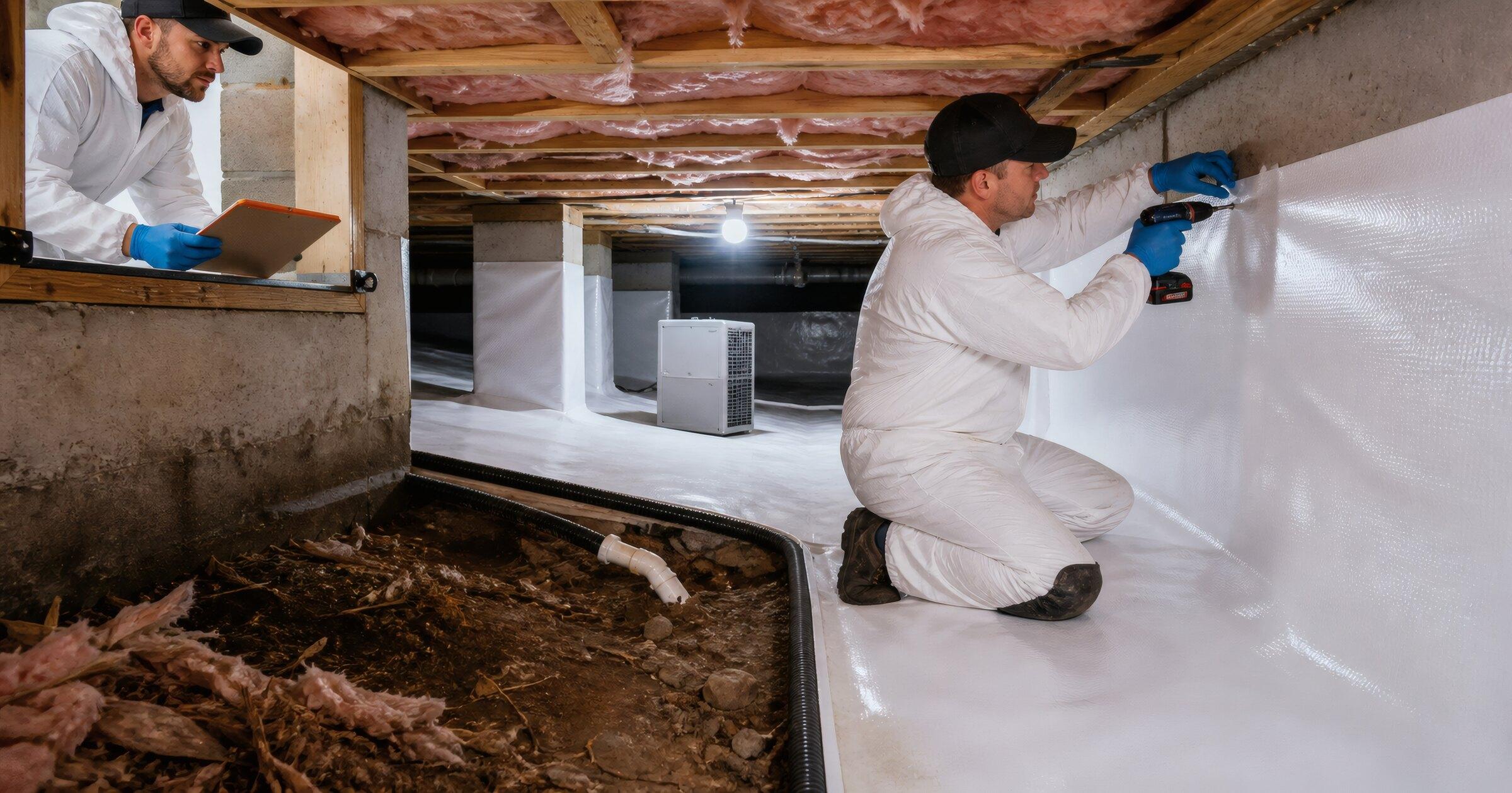 Contractors fastening a white vapor barrier during crawl space encapsulation with a dehumidifier installed