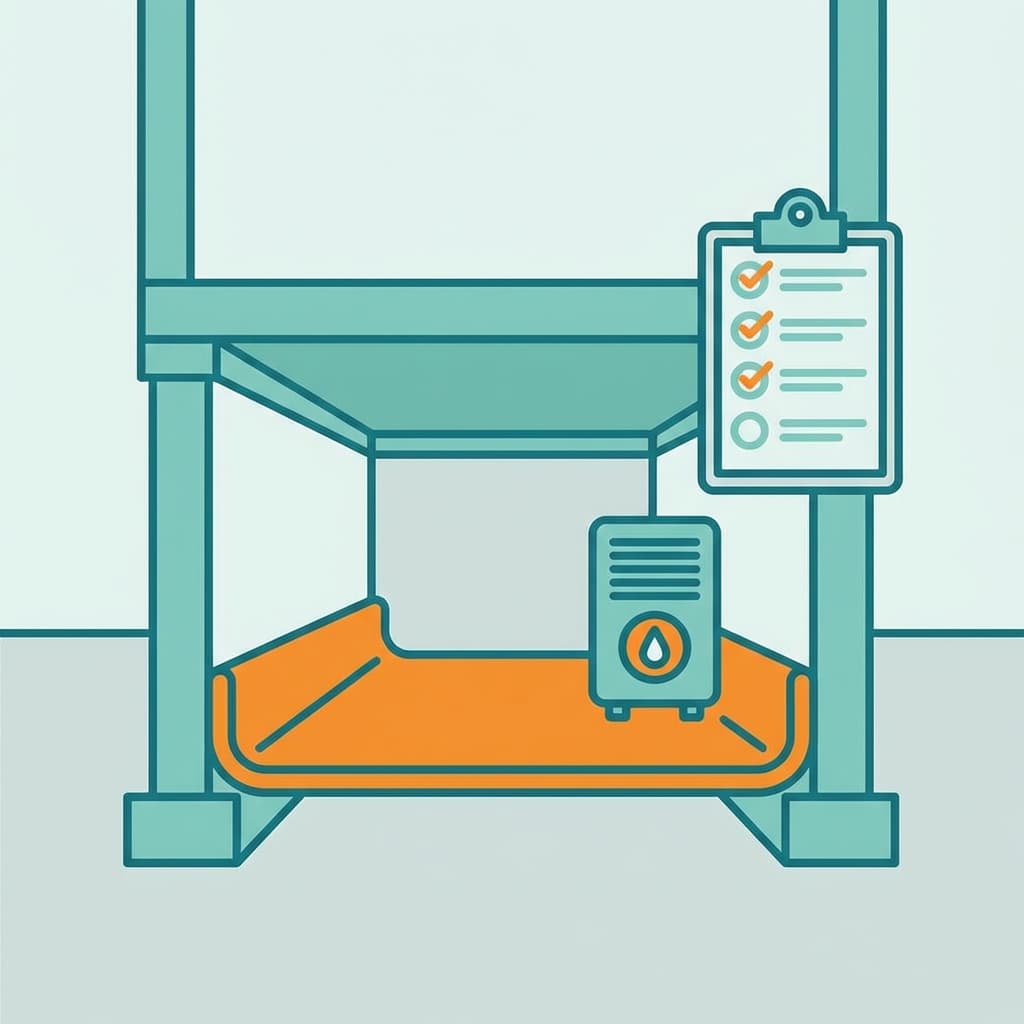 Illustration of a crawl space with a sealed vapor barrier and a small dehumidifier icon next to a quote checklist, without text.