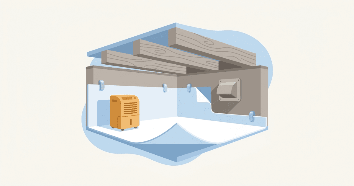 Illustration of a crawl space cutaway with a white vapor-barrier liner over the floor and foundation walls, a dehumidifier, and a sealed vent, in a clean blue and gray style with no text.