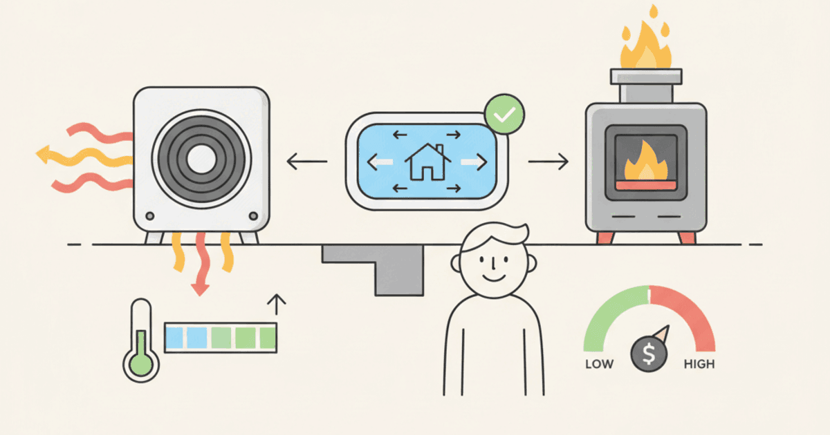 Illustration of a home split between a heat pump and a gas furnace with a thermostat deciding which runs, plus a cost comparison dial and a cold-weather thermometer