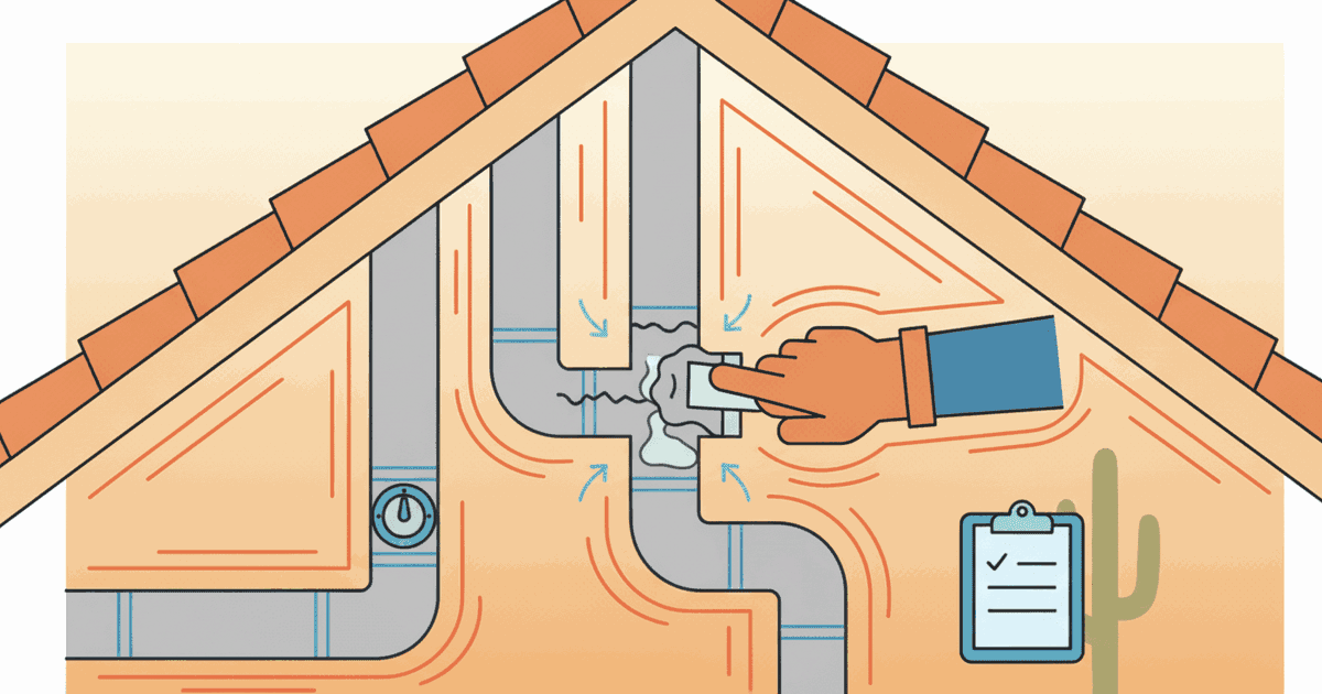 Duct sealing illustration for a Phoenix attic showing a leaky duct joint being sealed with mastic, airflow arrows, and a quote checklist icon.