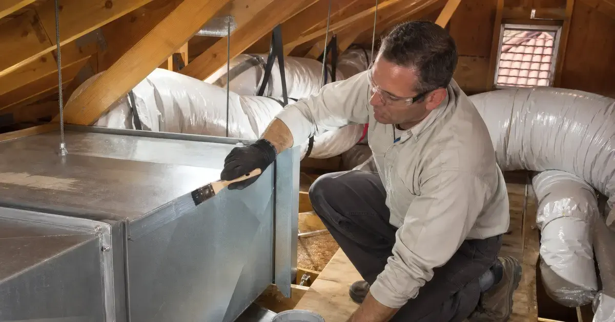 An HVAC technician applies gray mastic to a metal duct seam on a safe walkway in a Phoenix attic