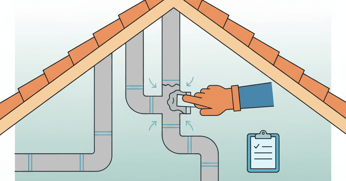 Illustration of a home duct system with highlighted leaks sealed with mastic, with arrows showing air escaping into an attic and a checklist of questions for duct sealing quotes