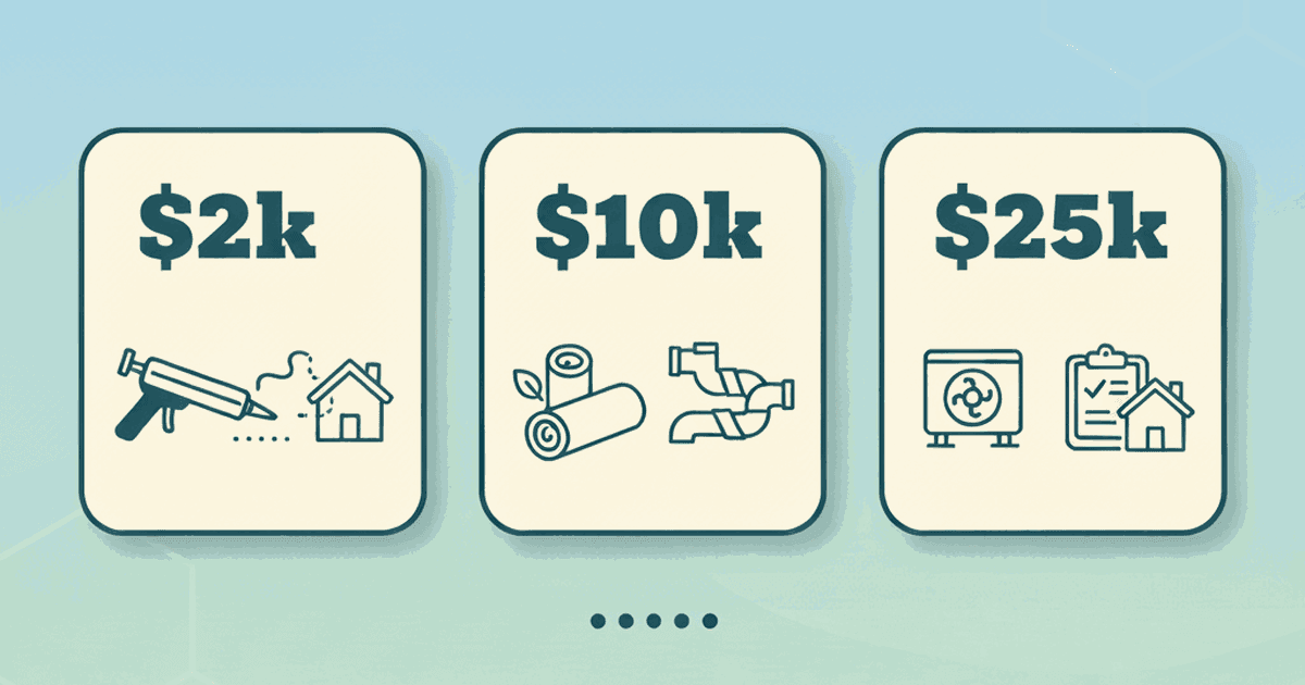 Flat illustration of a house with a three-step budget ladder labeled $2k, $10k, and $25k, with icons for insulation, duct sealing, a heat pump, and a checklist showing a phased upgrade plan