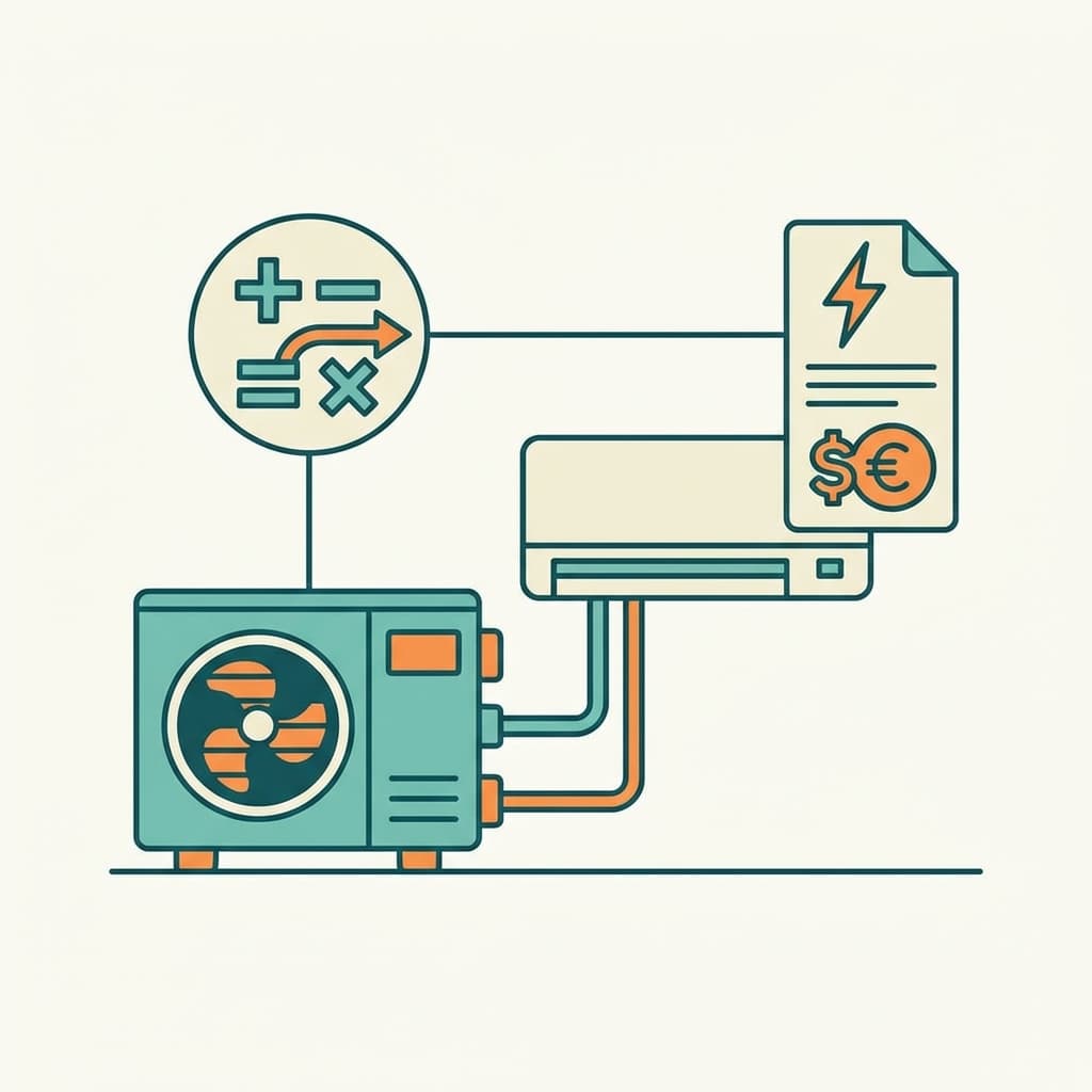 Illustration of a heat pump with a simple math formula icon and an electric bill symbol, in a clean teal and orange style with no text.
