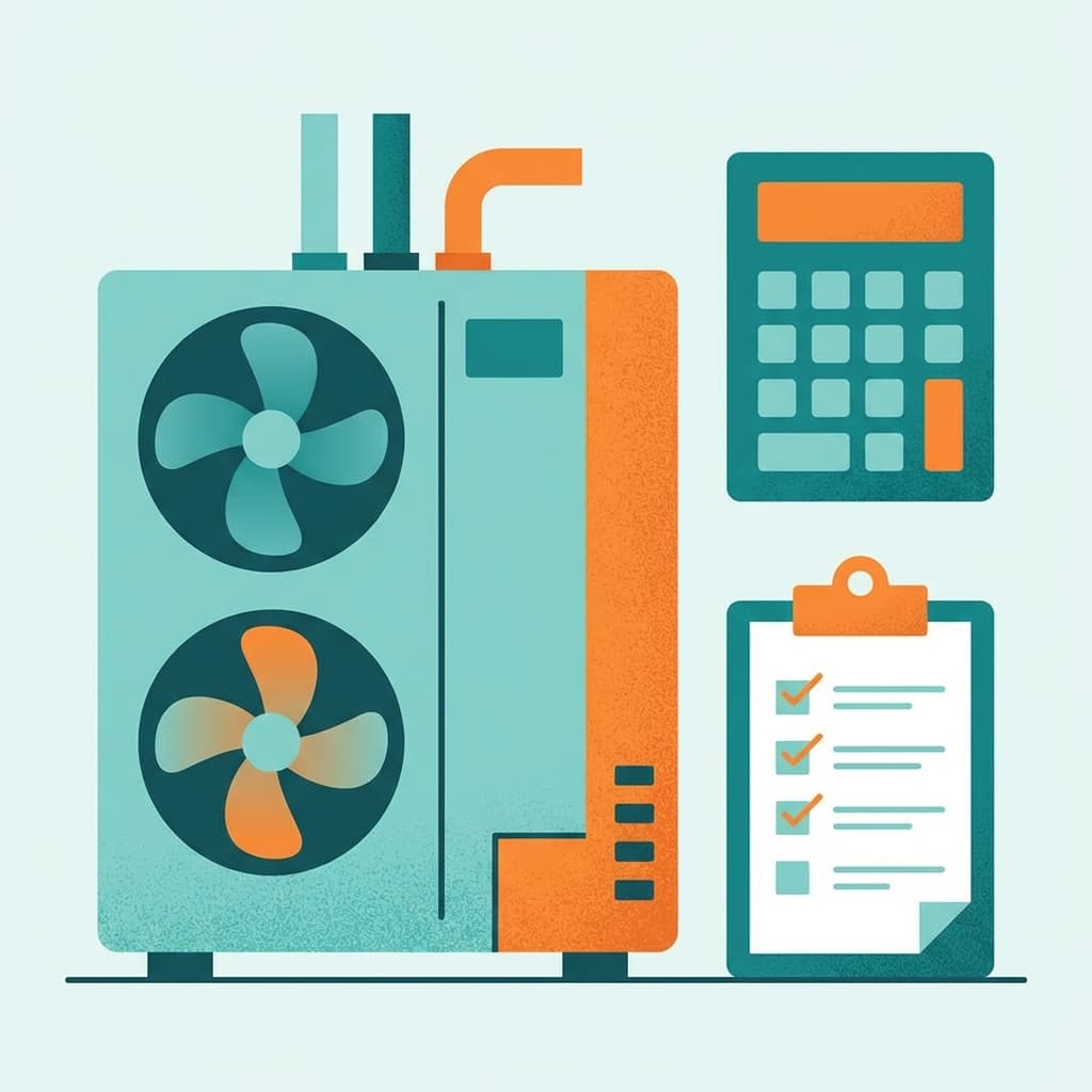 Illustration of a heat pump next to a calculator icon and a quote checklist clipboard, in a clean teal and orange style with no text.