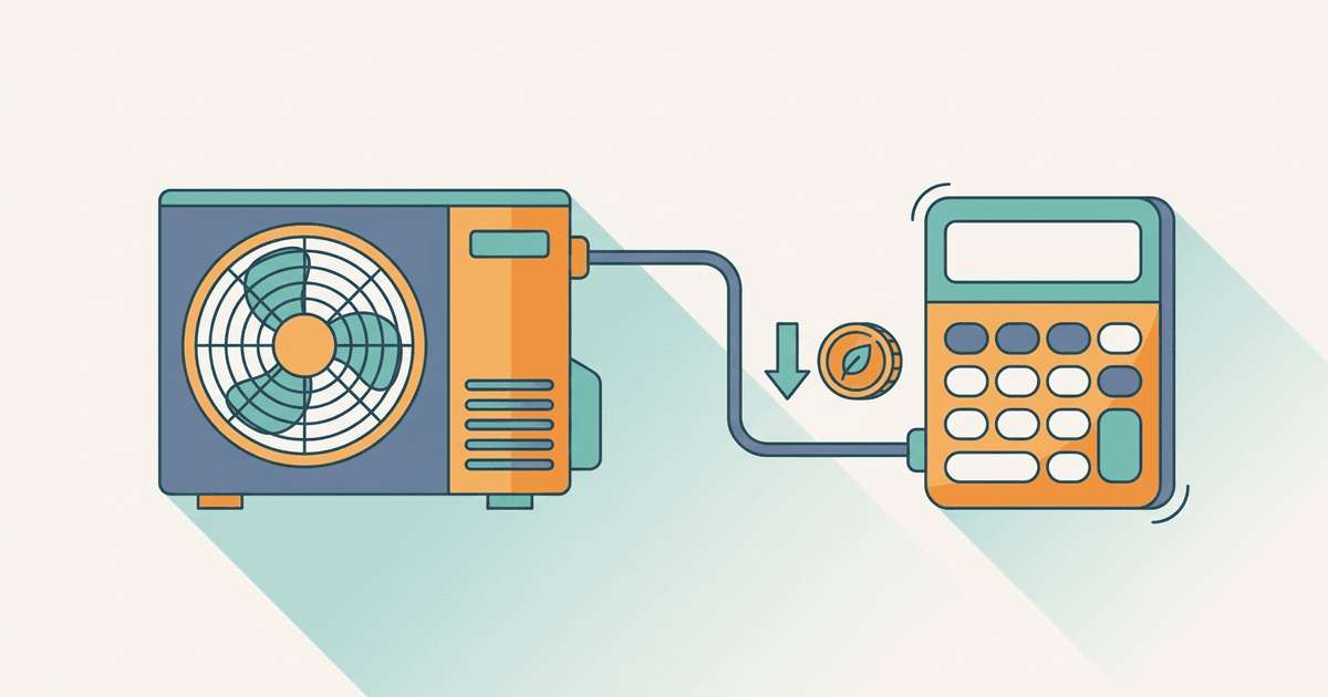 Illustration of an outdoor heat pump condenser linked to a calculator and a coin with a leaf, suggesting cost estimation, in a clean teal and orange style with no text.