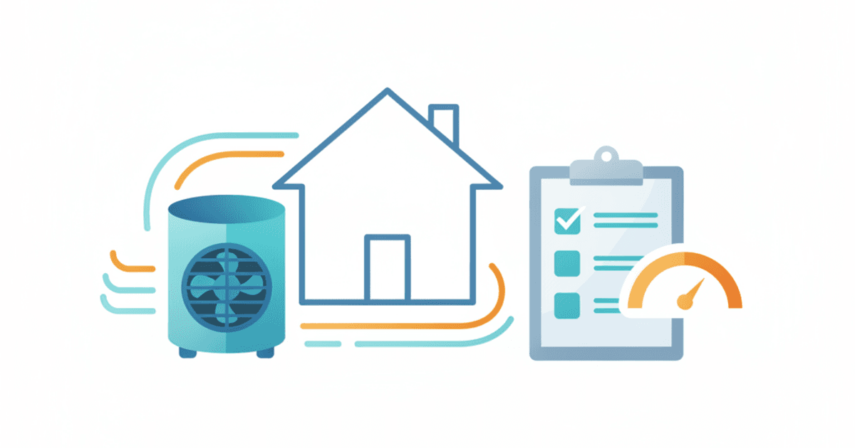 Illustration of a home heat pump outdoor unit next to a contractor quote checklist and a simple cost range gauge.