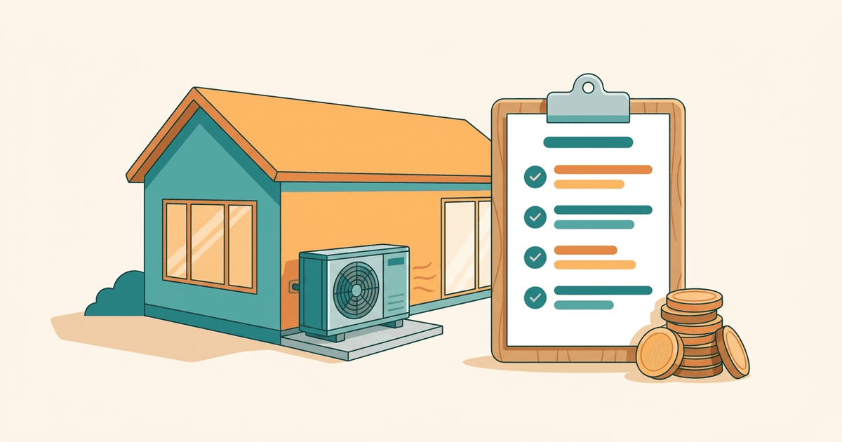Illustration of a house with a heat pump outdoor unit on a pad beside an itemized quote clipboard and a stack of coins, in a clean teal and orange style with no text.