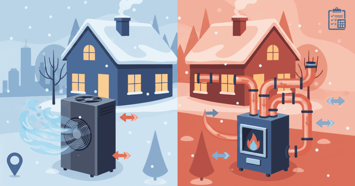 Split illustration comparing a heat pump and a gas furnace for a snowy Minneapolis home; the heat pump sits outside a blue winter house, while a red winter house shows a furnace and ducts.