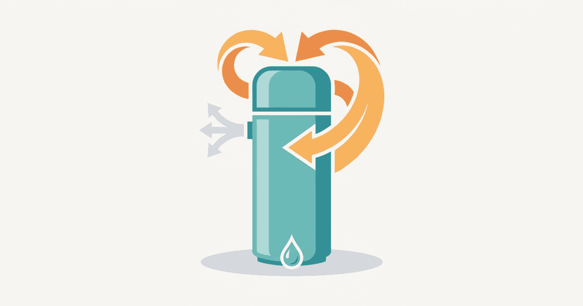 Illustration of a tall heat pump water heater tank with a rounded compressor cap, swirling airflow arrows, and a water droplet at the base, in a clean teal and orange style with no text.