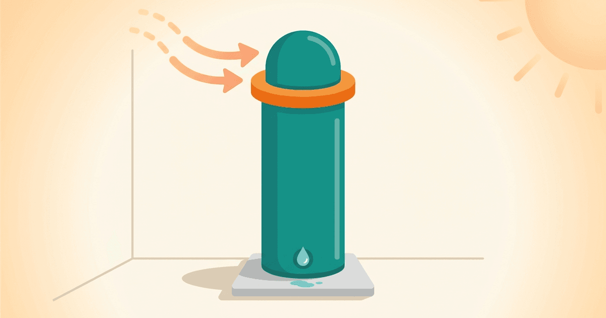 Flat teal and orange illustration of a heat pump water heater in an Austin garage with warm-air intake arrows and a condensate drain line, no text.