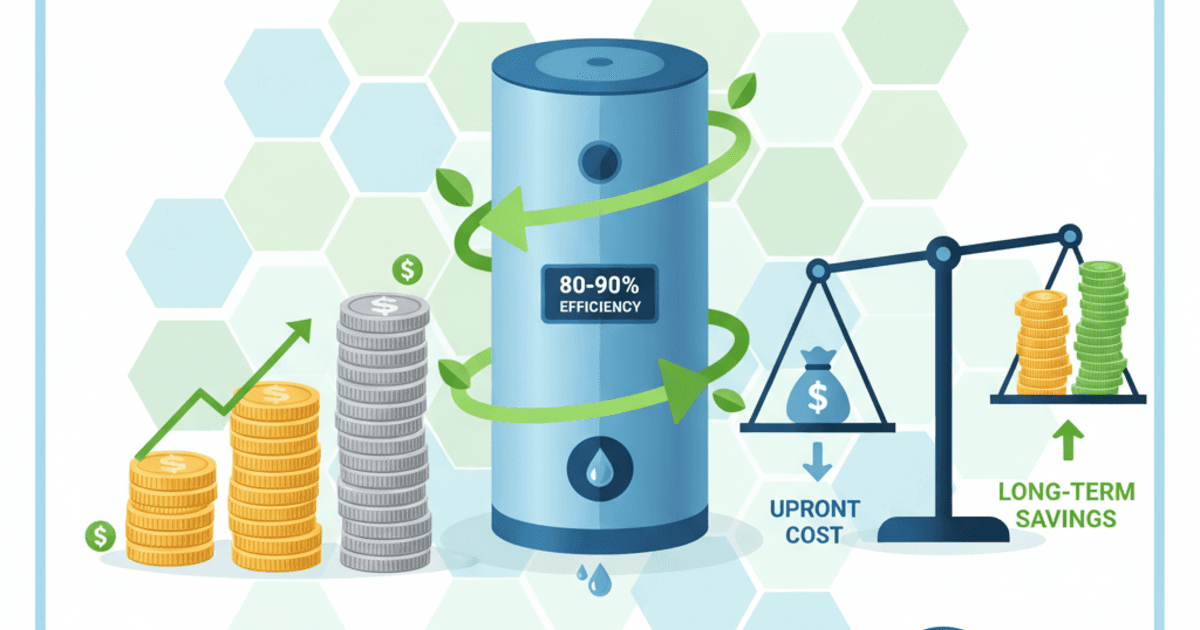Heat pump water heater ROI infographic showing a water heater tank with efficiency rating, payback period timeline, and balance scale comparing upfront cost versus long-term savings