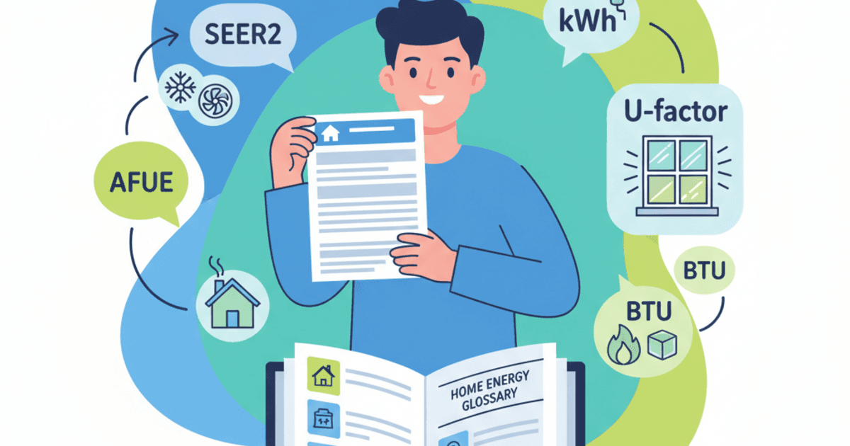 Person reading product labels surrounded by floating energy term bubbles like SEER2, AFUE, kWh, U-factor, and BTU with a Home Energy Glossary book, illustrating decoding technical jargon into plain English