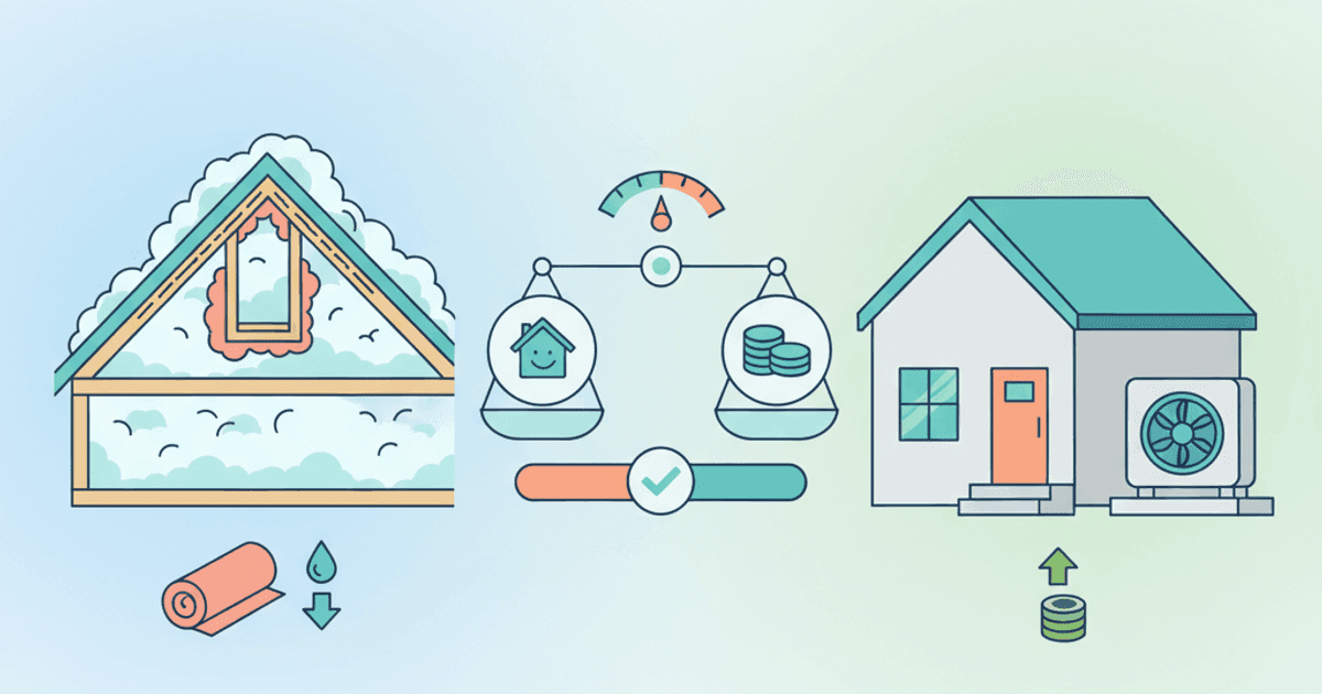 Split illustration comparing attic insulation and air sealing on the left versus a heat pump outdoor unit on the right, with a scale showing cost and comfort gains