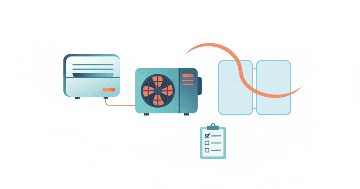 Illustration of a ductless mini split indoor unit and outdoor unit next to a simple quote checklist icon and a small zoning diagram with two rooms.