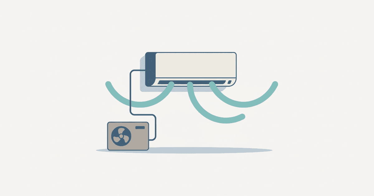 Illustration of a wall-mounted ductless mini-split indoor head with curved airflow arcs and a small outdoor condenser unit, in a clean blue and teal style with no text.