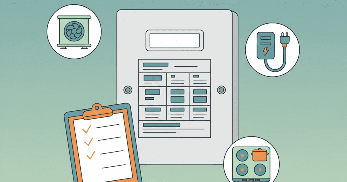 Illustration of an electrical panel with a main breaker label and circuit list, plus icons for a heat pump, EV charger, and induction range next to a checklist of upgrade decisions