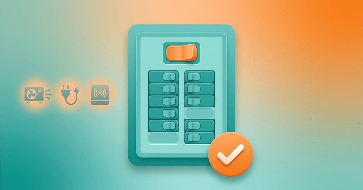 Flat teal and orange illustration of an open electrical panel with a main breaker, rows of circuit breakers, and a checkmark, with small heat pump, EV charger, and induction icons beside it, no text.
