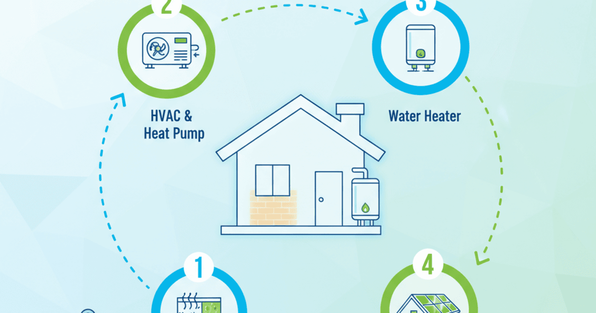 Home energy upgrades roadmap infographic showing the right order: 1) Air Sealing and Insulation, 2) HVAC and Heat Pump, 3) Water Heater, 4) Solar Panels, with a planning checklist surrounding a house