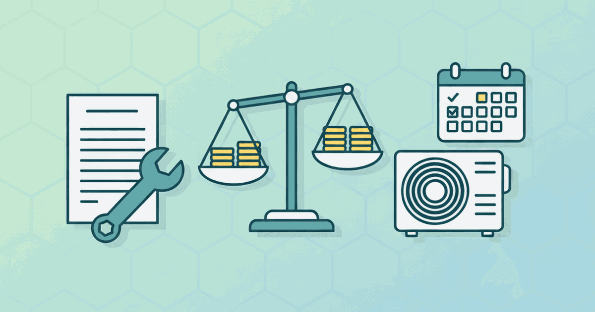 Flat illustration showing a split decision between a wrench and a new HVAC unit, with a calendar, cost comparison scales, and a simple decision flow for repair versus replacement