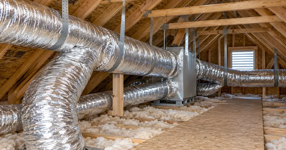 AI-generated illustration of insulated air ducts and a walkway in a timber-framed attic