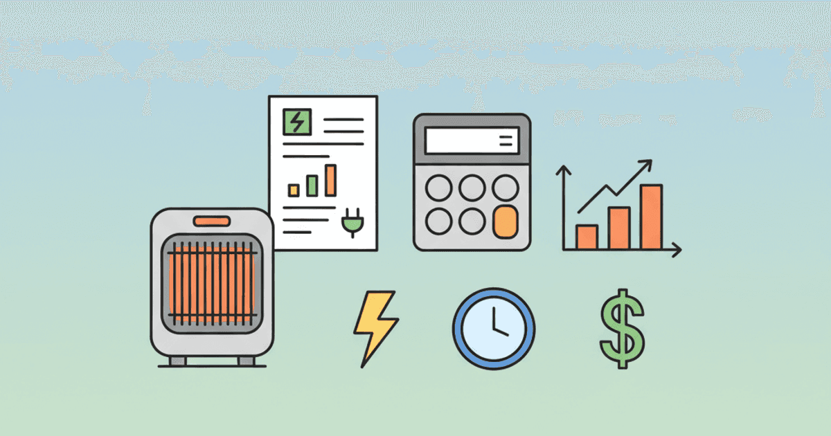 Illustration of a portable space heater next to an energy bill and a simple cost formula (watts times electric rate), showing hourly and daily costs