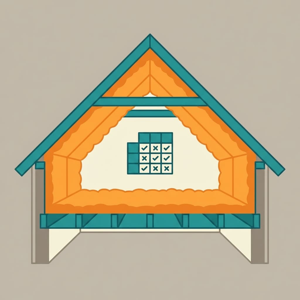 Illustration of an attic cross-section with a sprayed foam layer and a small decision table icon, in a clean teal and orange style with no text.