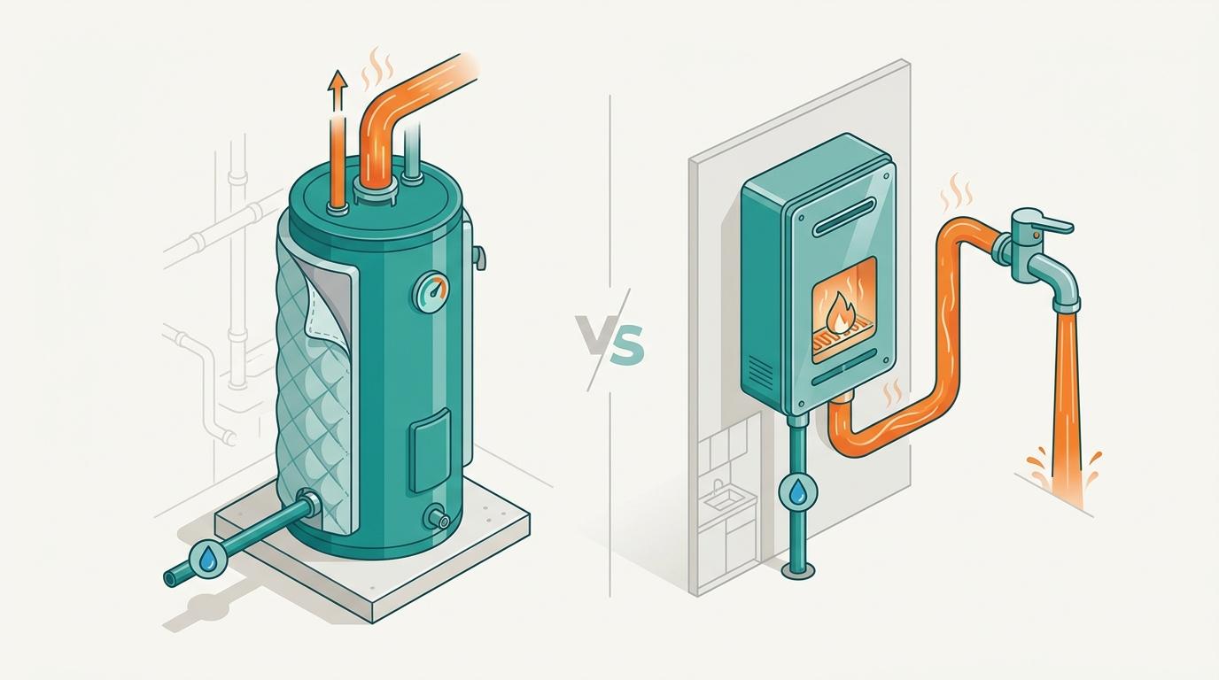 Tankless and storage water heaters with household hot-water fixtures