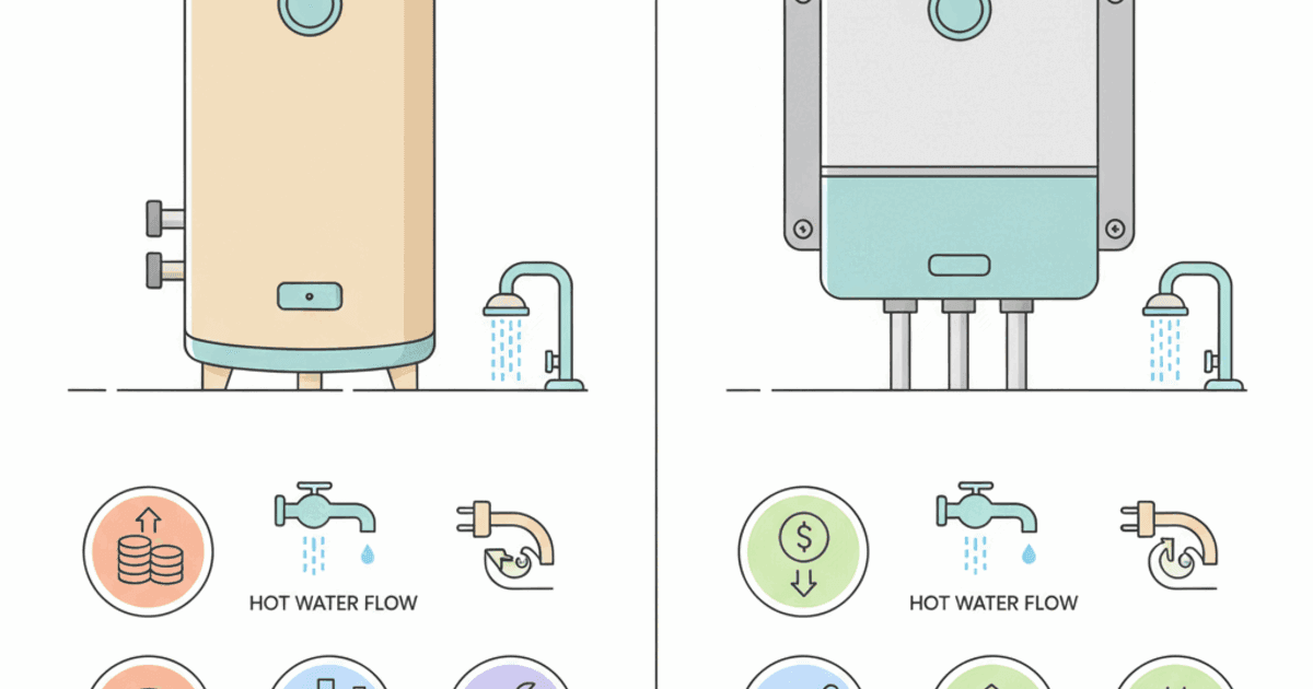 Illustration comparing a tankless water heater and a storage tank unit with icons for upfront cost, hot water flow, maintenance, and energy use
