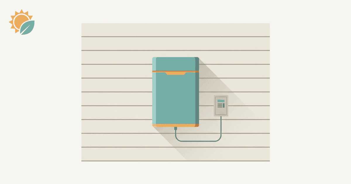Illustration of a wall-mounted home battery connected by conduit to a small electrical panel, with a sun-and-leaf clean-energy icon, in a clean teal and orange style with no text.