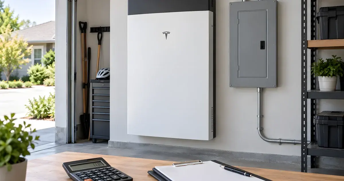 AI-generated conceptual Powerwall 3 illustration with a calculator and blank quote clipboard
