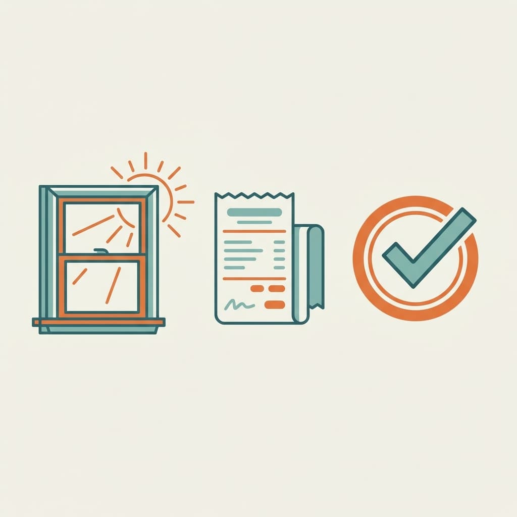 Illustration of a replacement window next to a receipt and a stamped checkmark icon, in a clean teal and orange style with no text.