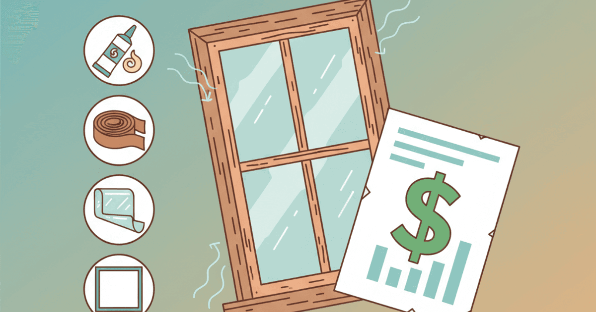 Illustration of a drafty window with cold air arrows and condensation, showing low-cost fixes like weatherstripping and window film contrasted with a large window replacement quote