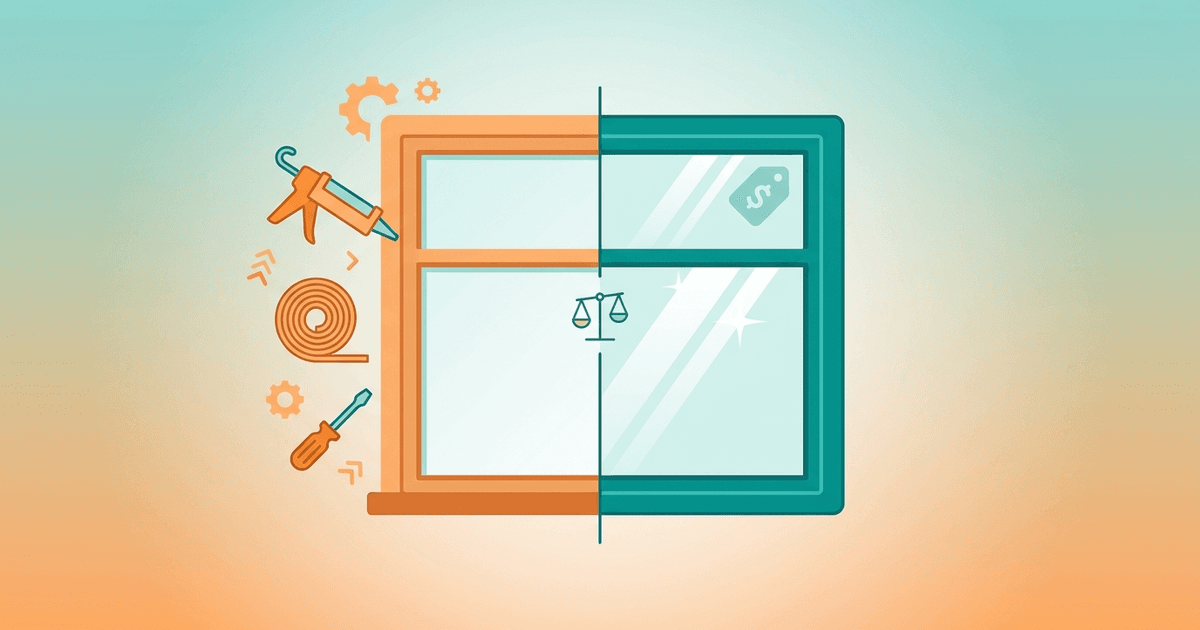 Flat teal and orange illustration of a single window split down the middle: one side shows small repair tools like weatherstripping and a caulk gun, the other side shows a full replacement window unit, with a balance scale between them. No text.