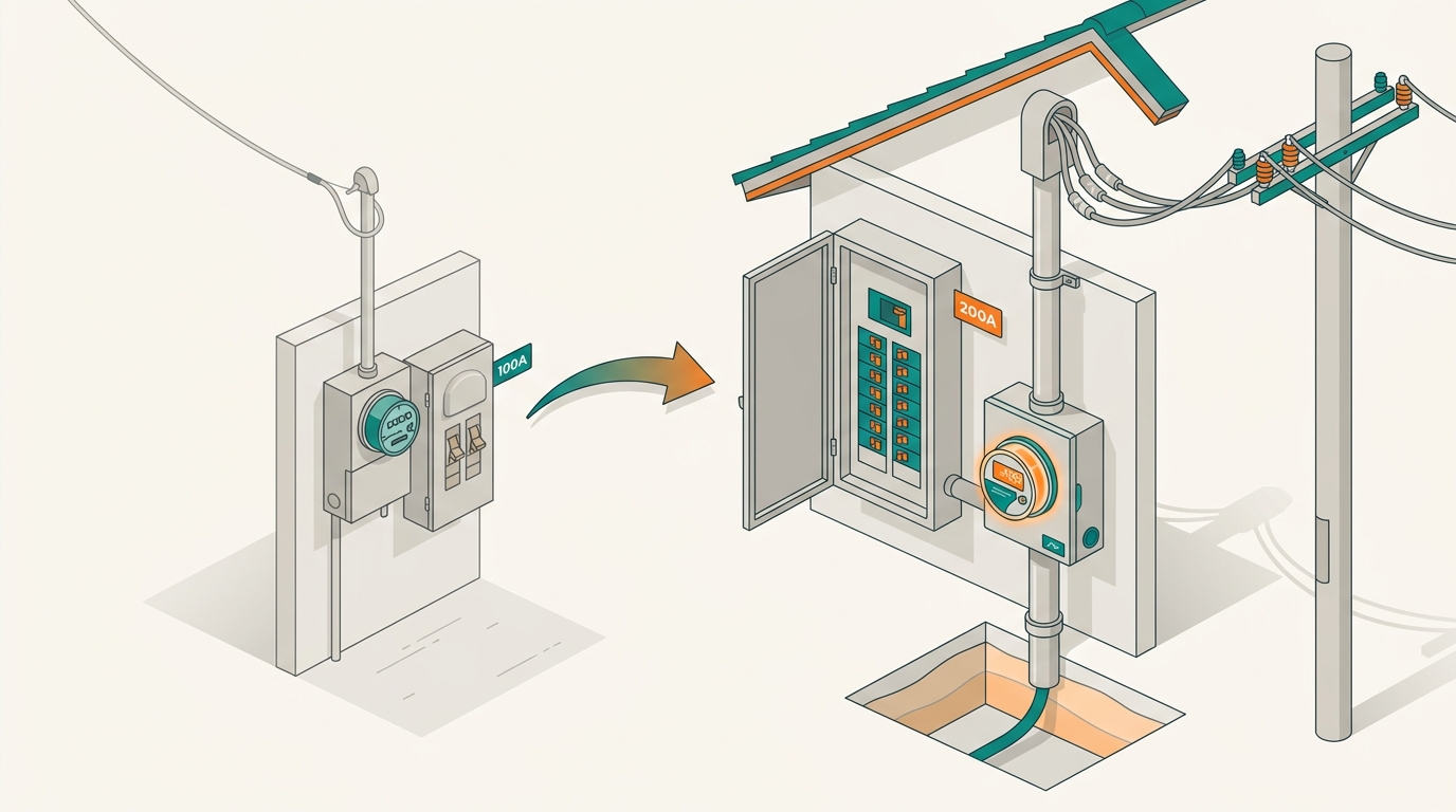 Diagram comparing a 100-amp panel-only swap with a full 200-amp service upgrade, showing the breaker panel, utility meter, service mast, and underground conduit that drive the cost