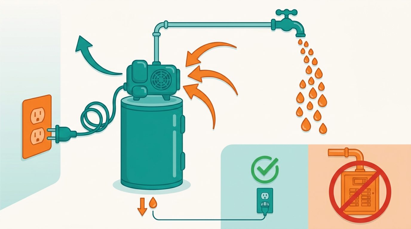 Diagram of a 120V plug-in heat pump water heater connected to a standard wall outlet, drawing heat from surrounding air into the tank, with a comparison showing it avoids the new 240V circuit and panel work a standard model needs.