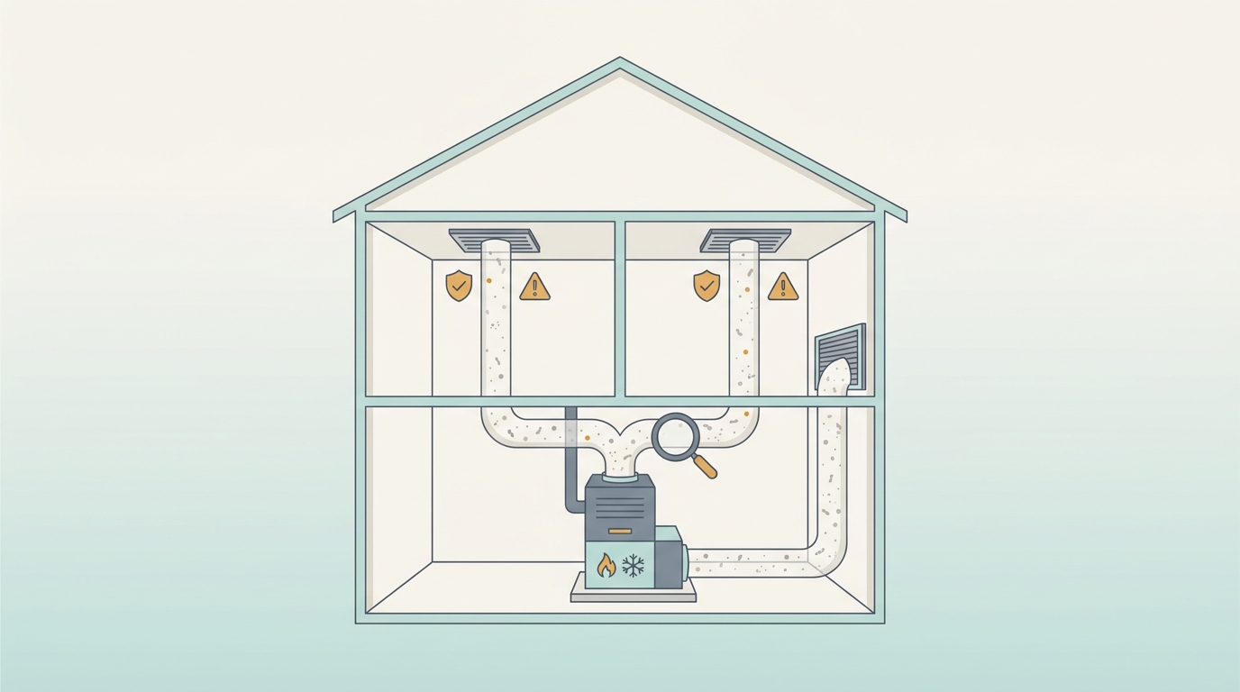 Cutaway diagram of a home forced-air HVAC system showing supply ducts, return ducts, the air handler, and registers, with dust particles inside the ducts and a magnifying glass highlighting where cleaning add-ons get charged.