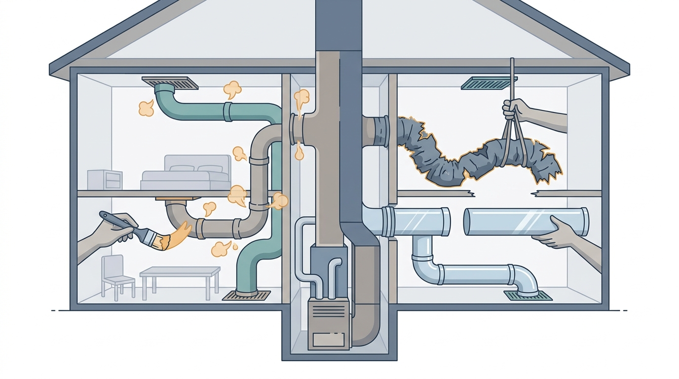 Cutaway diagram of a house showing the duct trunk, branch runs, boots and registers, with a split panel comparing sealing leaky joints versus replacing whole runs.