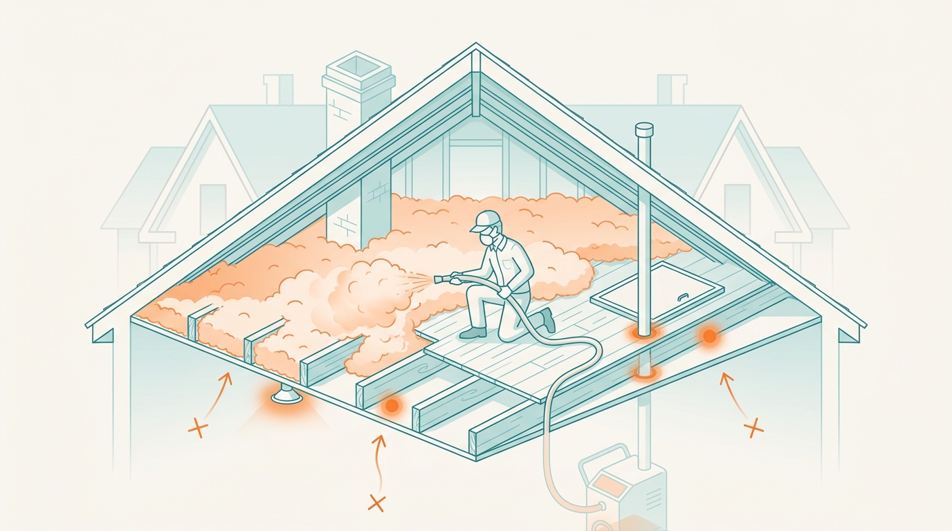 Cutaway illustration of a New England attic: a worker blowing loose-fill insulation across the floor while orange icons seal air leaks at a recessed light, a plumbing penetration, and the attic hatch, with triple-decker rooflines behind