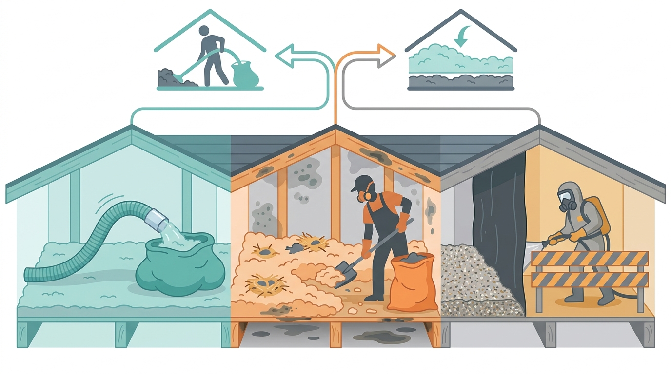 Diagram comparing the three tiers of attic insulation removal: clean vacuum-out, contaminated cleanup with rodent and mold surcharges, and hazardous asbestos abatement, with a decision branch for when removal can be skipped.