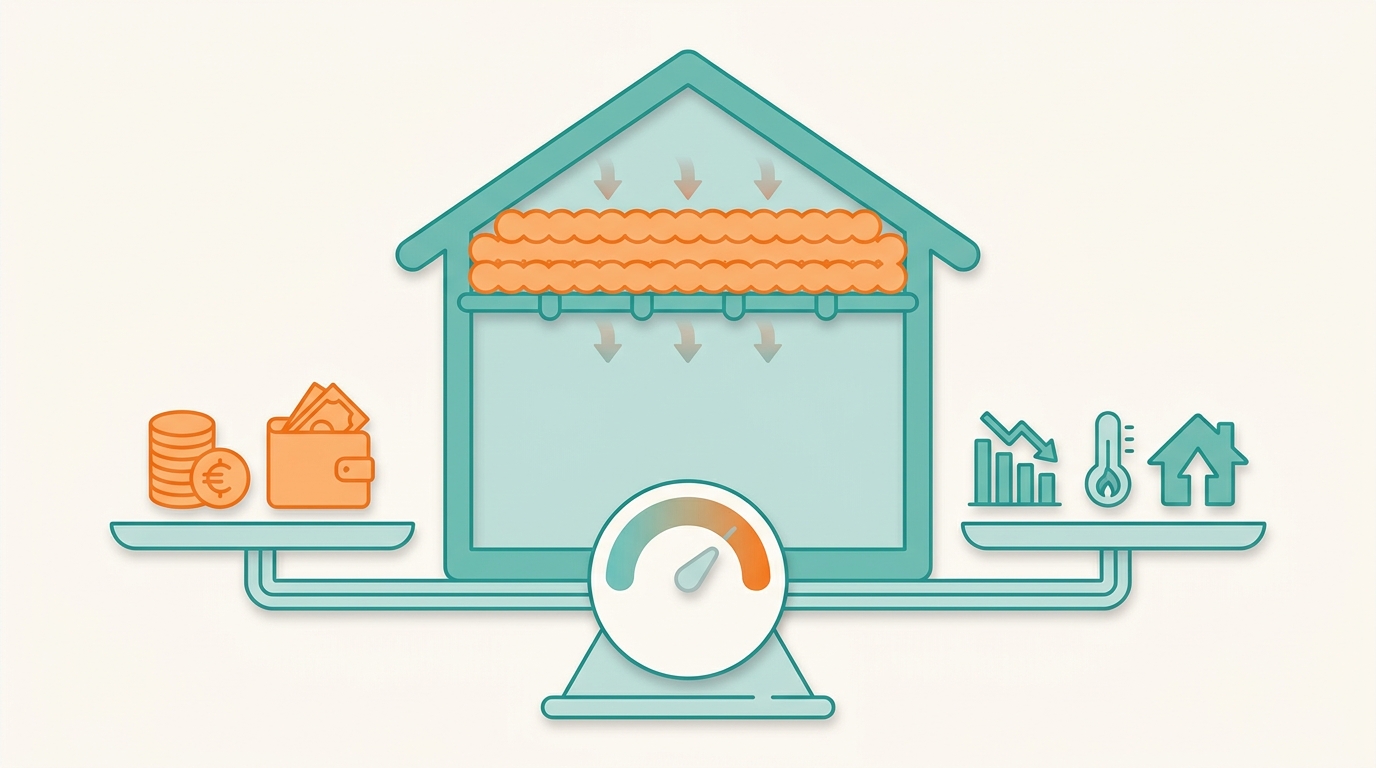 Diagram showing attic insulation ROI as a balance between upfront install cost on one side and annual energy savings, comfort, and resale value on the other, with payback years in the middle.