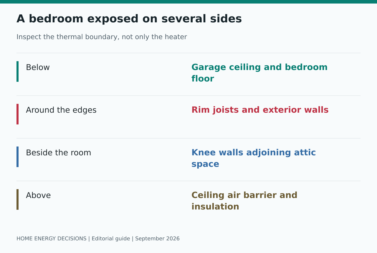 A bedroom exposed on several sides: Below - Garage ceiling and bedroom floor; Around the edges - Rim joists and exterior walls; Beside the room - Knee walls adjoining attic space; Above - Ceiling air barrier and insulation