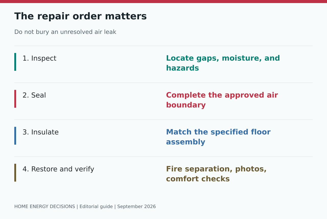 The repair order matters: 1. Inspect - Locate gaps, moisture, and hazards; 2. Seal - Complete the approved air boundary; 3. Insulate - Match the specified floor assembly; 4. Restore and verify - Fire separation, photos, comfort checks